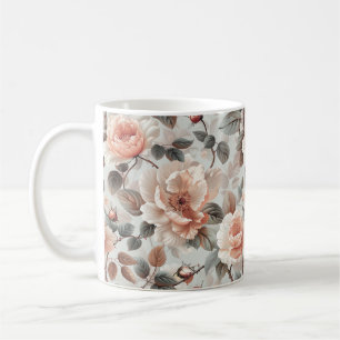 Blommor med grått löv på lätt grått kaffemugg