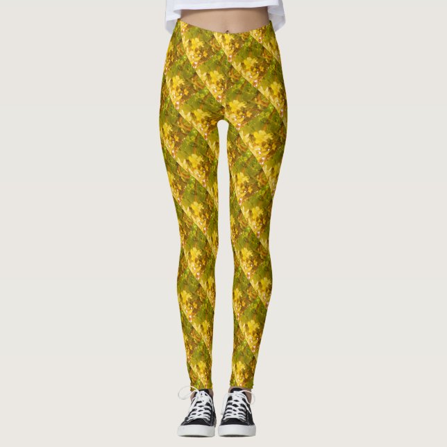 Blommor med grönt och gult kor utformning mönster leggings (Framsida)