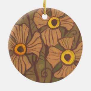 blommor med gult, blommigt konst,oliv grönt brunt julgransprydnad keramik
