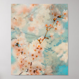 blommor med körsbärsfärg, vattenfärgning av blomma poster