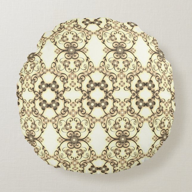Blommor med spetsig look i guld sepia rund kudde (Framsidan)