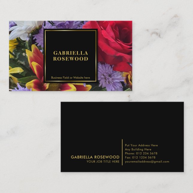 Blommor med svart kvadrat Guld Ram Visitkort (Fram/baksida)
