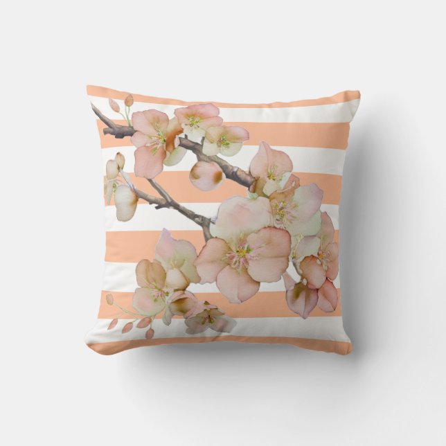 Blommor mjuka orangefärgade vita strimmor på persi kudde (Framsida)