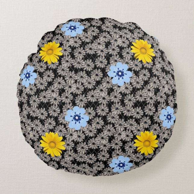 Blommor mönster 19.b. Svart BG Rund Kudde (Framsidan)