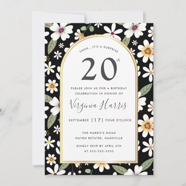 Blommor Mönster Black 20:e födelsedagen Inbjudningar (Framsida)