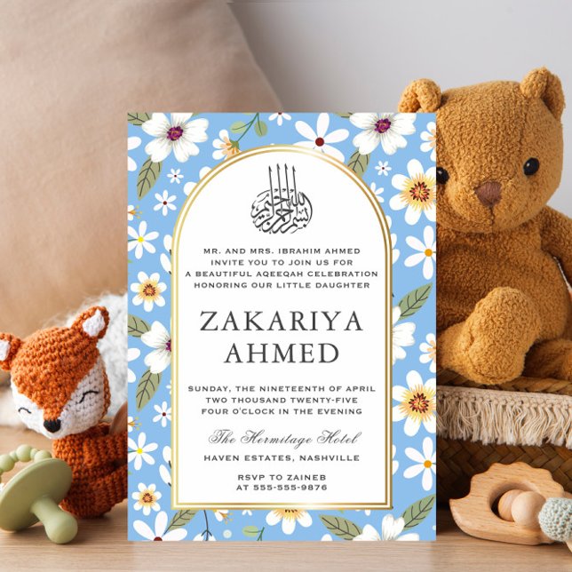 Blommor Mönster Blue Islamic Aqiqa Aqeeqa Baby Inbjudningar (Skapare uppladdad)