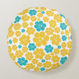 Blommor Mönster - Turkos och Gult Rund Kudde