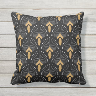 Blommor Motif, svart, Guld och vit konst Deco Fläk Kudde