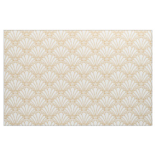 Blommor Motif, vit och Guld Art Deco Fläkt Tyg