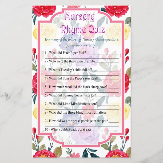 Blommor Nursery Rim Quiz baby shower-spel (Framsida)