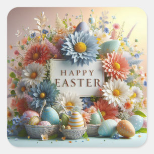 Blommor och ägg Påsk Fyrkantigt Klistermärke