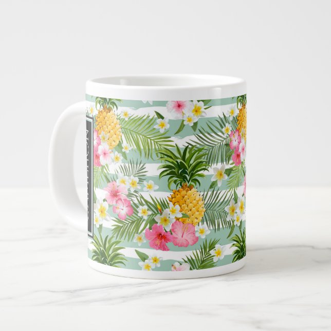 Blommor och ananas-Rand| Lägg till ditt namn Jumbo Mugg (Framsida vänster)