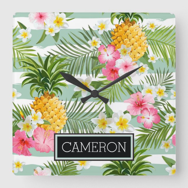 Blommor och ananas Teal Rand | Lägg till ditt namn Fyrkantig Klocka (Framsida)