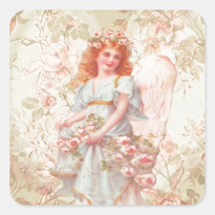 Blommor och ängelvintageCollage Fyrkantigt Klistermärke