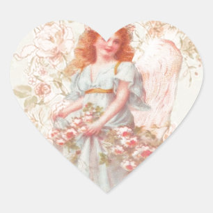 Blommor och ängelvintageCollage Hjärtformat Klistermärke