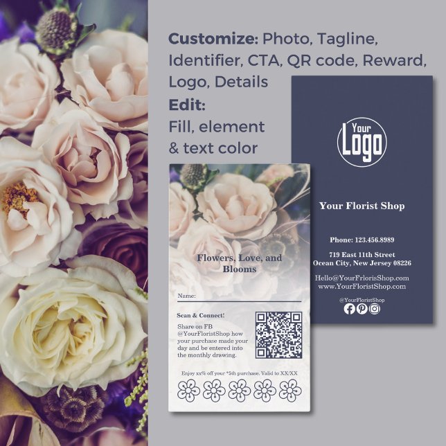 Blommor och belönar Anpassade med floristiskt förm Lojalitetskort (Blooms & Rewards Customizable Florist Loyalty Card, QR code, Custom Logo, Color customizable
)