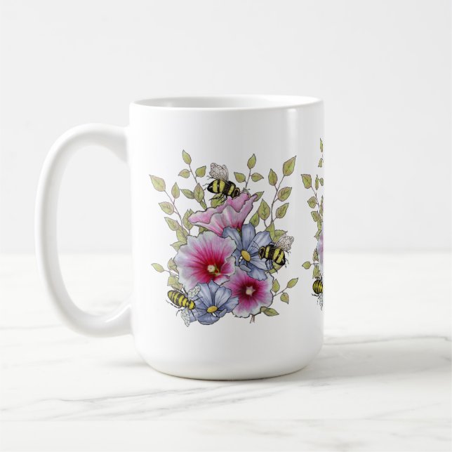Blommor och bin, frihandsteckning botanisk konst kaffemugg (Vänster)