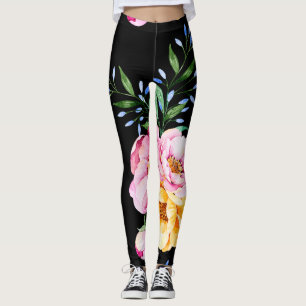 Blommor och Blad design på svart Leggings
