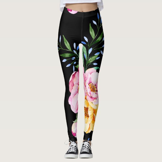Blommor och Blad design på svart Leggings (Framsida)