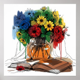 Blommor och Bok still Life Poster