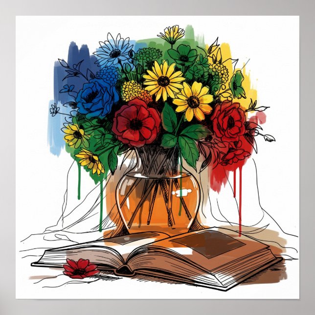 Blommor och Bok still Life Poster (Framsidan)