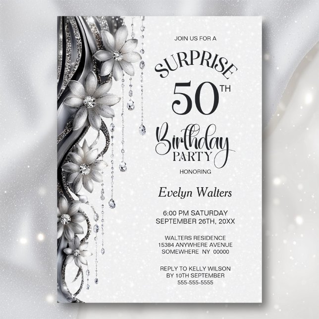 Blommor och diamanter överraskar 50-årsfest inbjudningar (Skapare uppladdad)