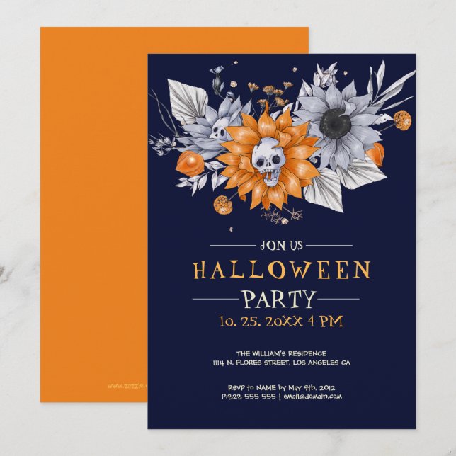 Blommor och dödskallar Halloween-fest inbjudan (Fram/baksida)