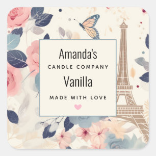 Blommor och Eiffel Torn Paris Candle Business Fyrkantigt Klistermärke