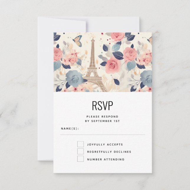 Blommor och Eiffel Torn Paris Mönster Bröllop OSA Kort (Framsida)
