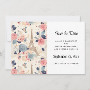 Blommor och Eiffel Torn Paris Mönster Bröllop Spara Datumet