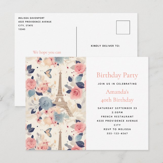 Blommor och Eiffel Torn Paris Mönster Inbjudan Vykort (Fram/baksida)