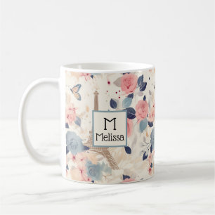 Blommor och Eiffel Torn Paris Mönster Monogram Kaffemugg