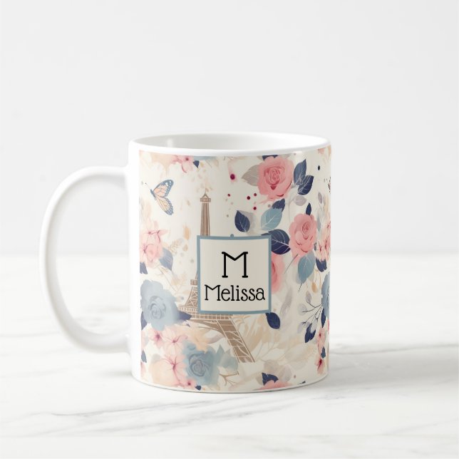 Blommor och Eiffel Torn Paris Mönster Monogram Kaffemugg (Vänster)