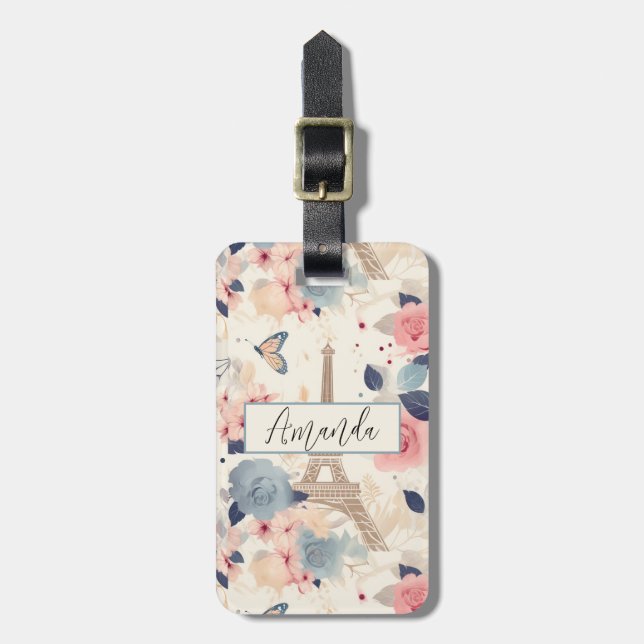 Blommor och Eiffel Torn Paris Travel Mönster Bagagebricka (Vertikal Framsida)