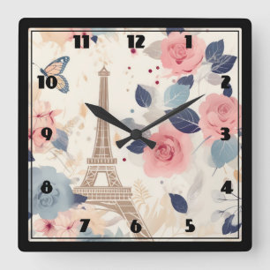 Blommor och Eiffel Torn Paris Travel Mönster Fyrkantig Klocka