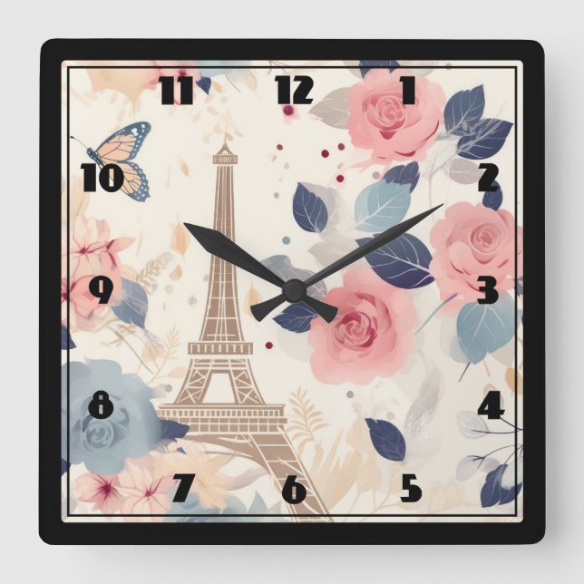 Blommor och Eiffel Torn Paris Travel Mönster Fyrkantig Klocka (Framsida)