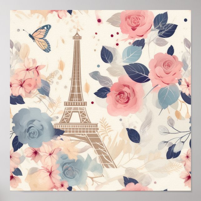 Blommor och Eiffel Torn Paris Travel Mönster Poster (Framsidan)