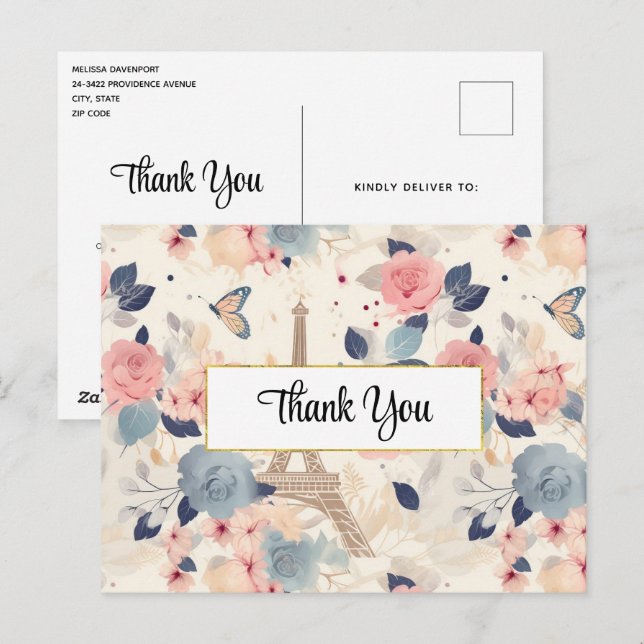 Blommor och Eiffeltornet Paris Mönster Tack Vykort (Fram/baksida)