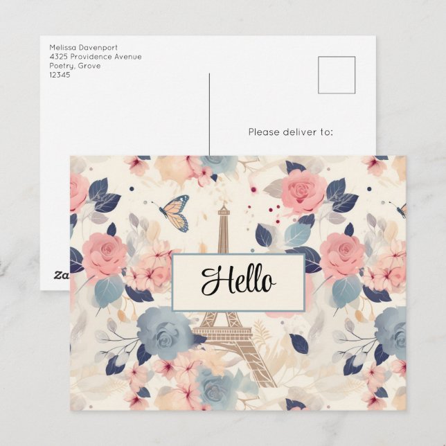 Blommor och Eiffeltornet Paris Resmönster Vykort (Fram/baksida)