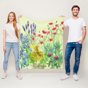 Blommor och en dandelion Fairy vattencolor-tavla Fleecefilt