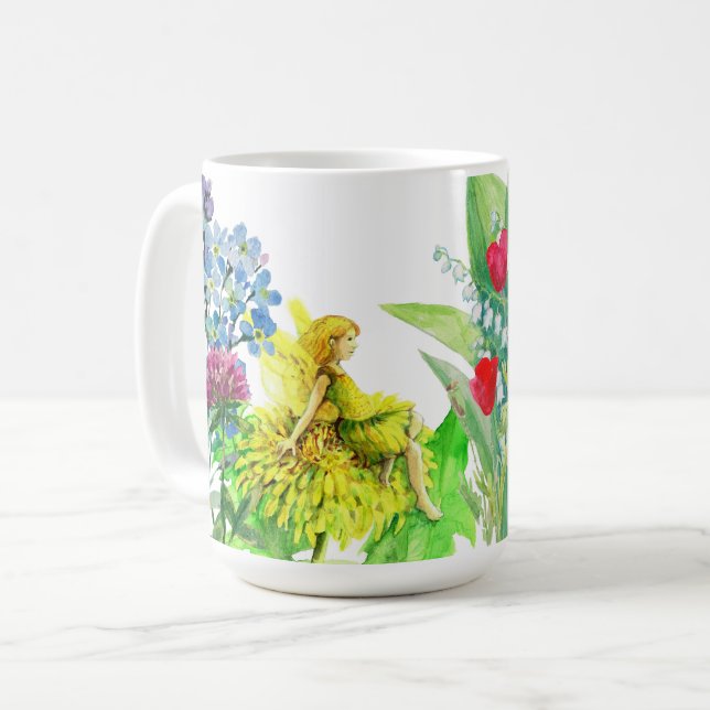 Blommor och en dandelion Fairy vattencolor-tavla Kaffemugg (Framsida vänster)