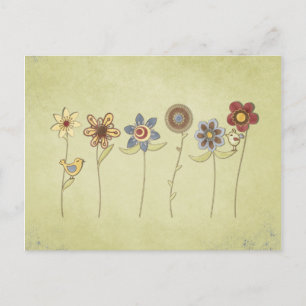 Blommor och fågelsöt teckning vykort