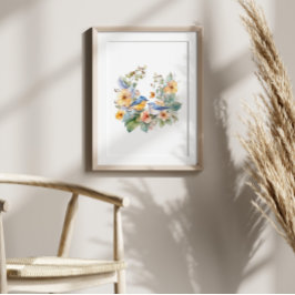 Blommor och fågelvattenfärg poster