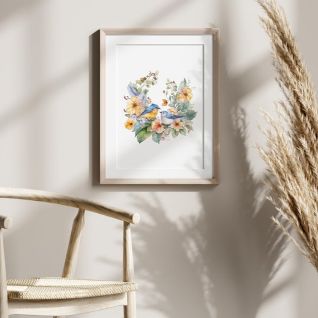 Blommor och fågelvattenfärg poster (Skapare uppladdad)