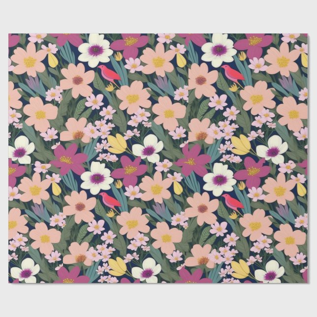 Blommor och fåglar, färgstarka, Pappra Presentpapper (Platt)