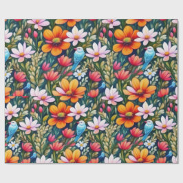 Blommor och fåglar, färgstarka, Pappra Presentpapper