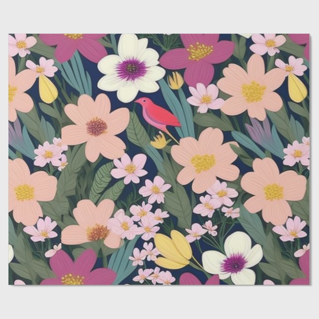 Blommor och fåglar, färgstarka, Pappra Presentpapper (Platt)