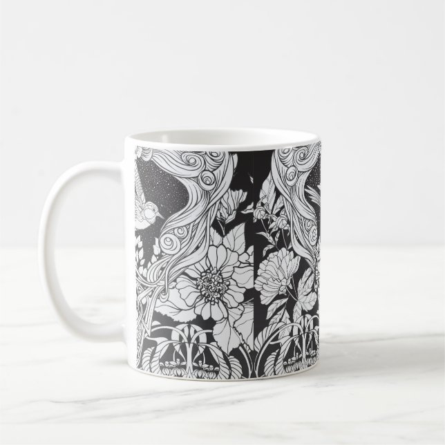 Blommor och fåglar i art nouveau stil, sömlösa pla kaffemugg (Vänster)