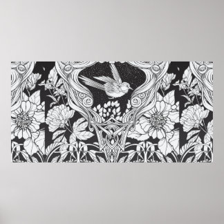Blommor och fåglar i art nouveau stil, sömlösa pla poster