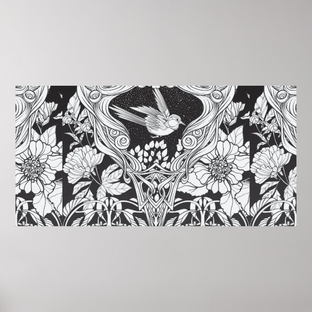 Blommor och fåglar i art nouveau stil, sömlösa pla poster (Framsidan)